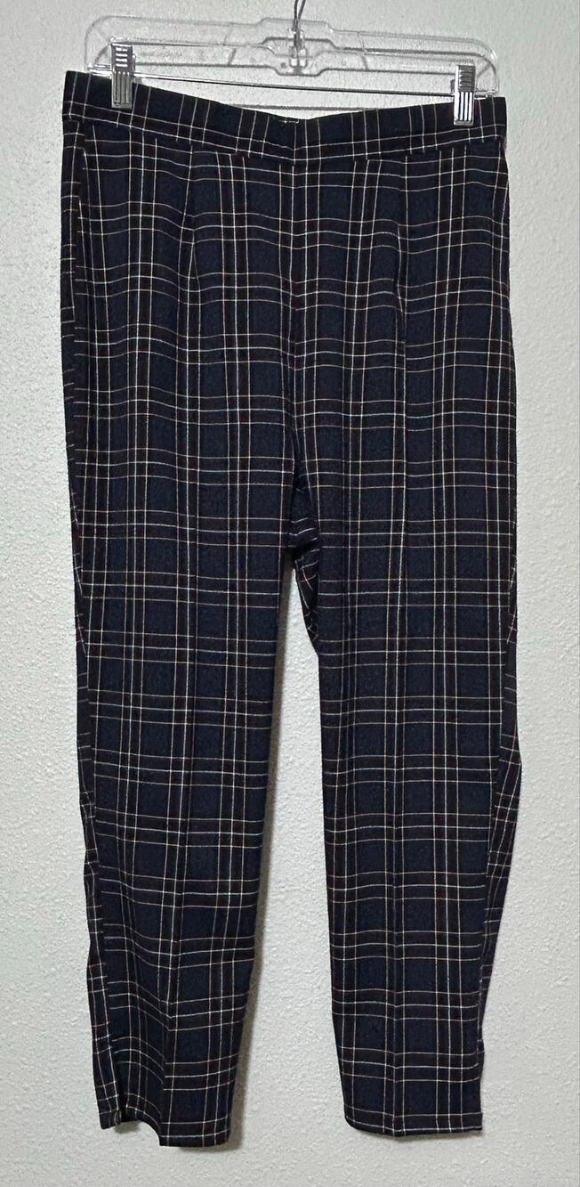 Hell Bunny Navy Tartan Plaid Cropped Cigarette Trouser Pant Womens UK M Blue Red